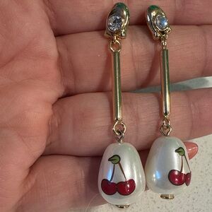 Gold Drop Earrings with Pearl-Cherry Accent - White and Red